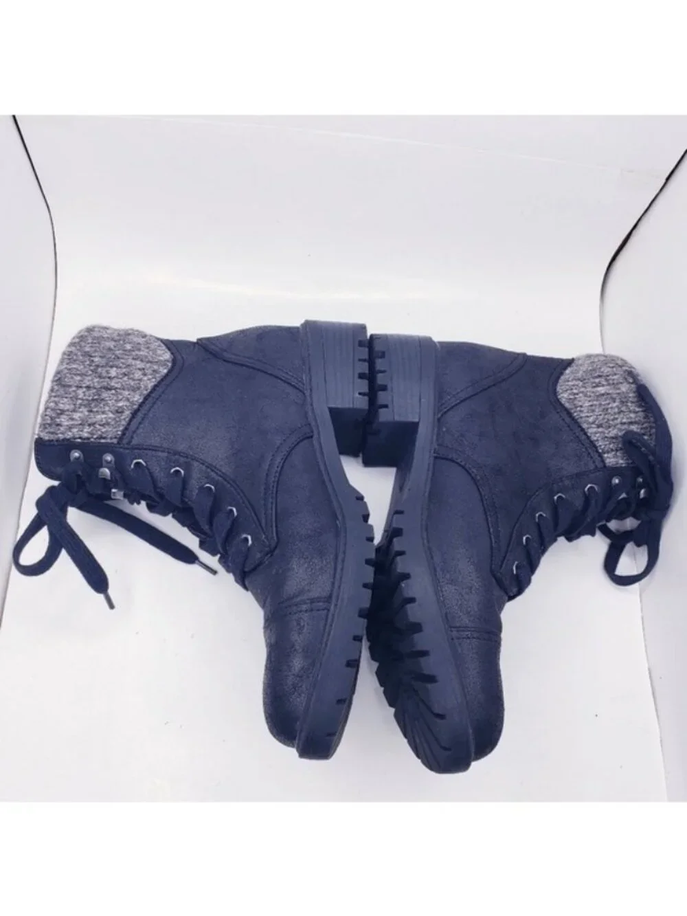 Universal Thread Black Faux Leather Lace Up Boots Knit Sock Trim Womens Size 9.5
